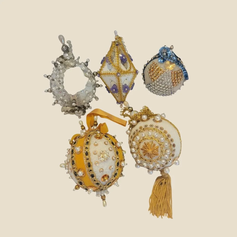 Vintage Beaded Christmas Ornaments Victorian Style Sequin Pearl Gold 5pc